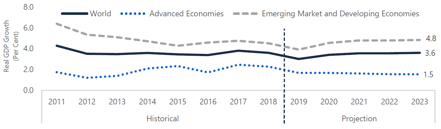 Weaker global growth in 2019 followed by steady growth over outlook